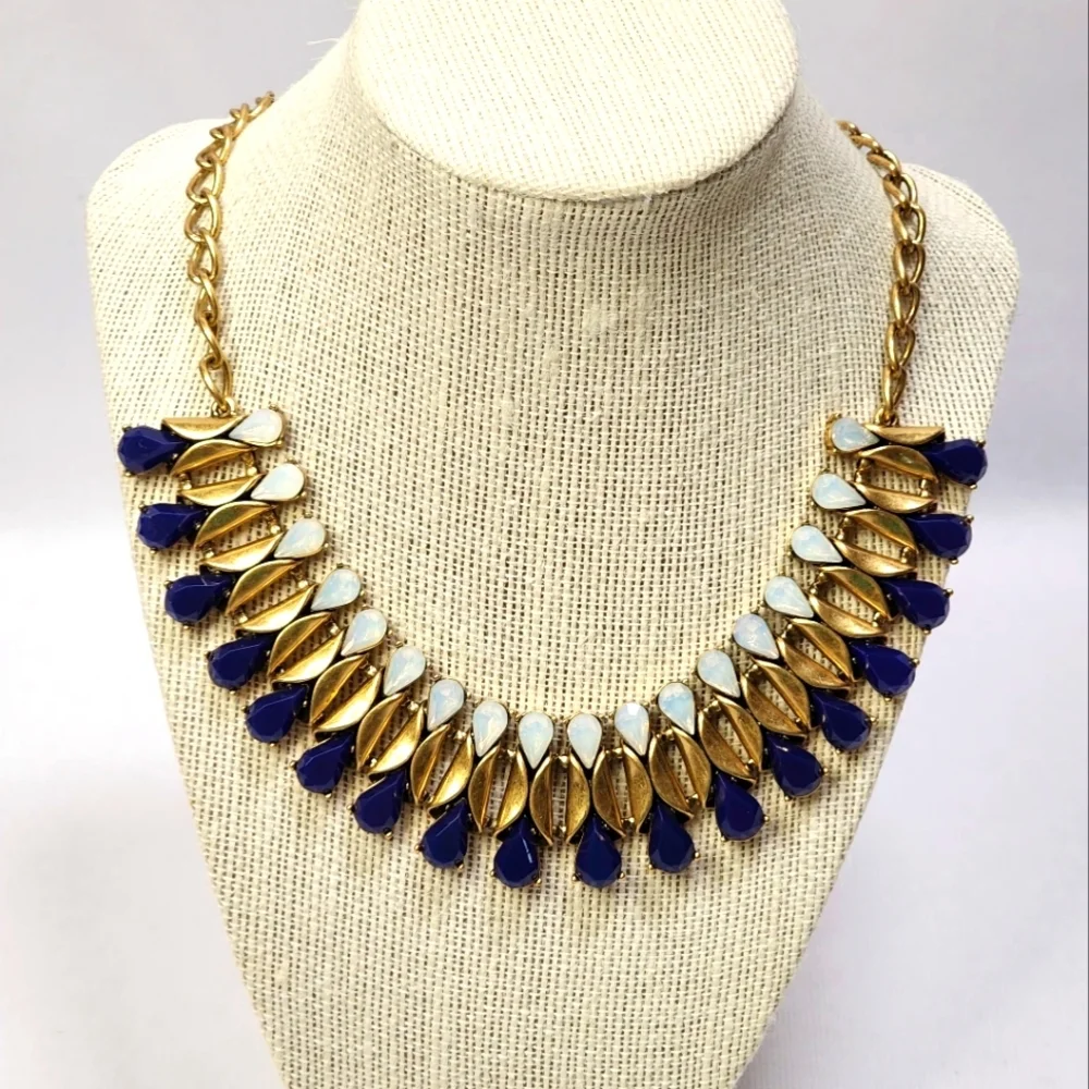 J. Crew Gorgeous Gold, Blue And White Statement Necklace